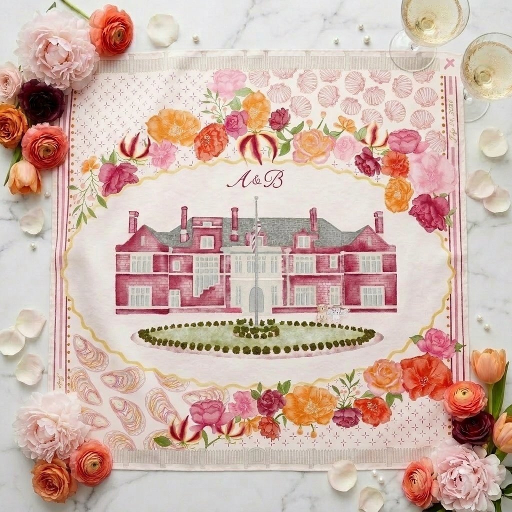 Custom illustrated wedding silk scarf — pink watercolor venue, monogram, and florals